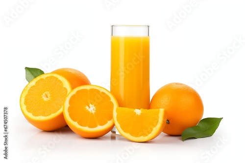 Generative AI : Glass of Orange juice and slices fruits isolate on white background.