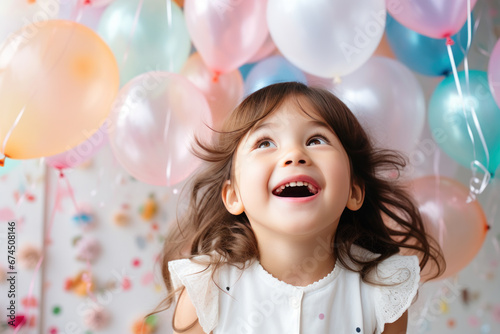 Happy brunette little girl excited looking up in the balloons © Ema