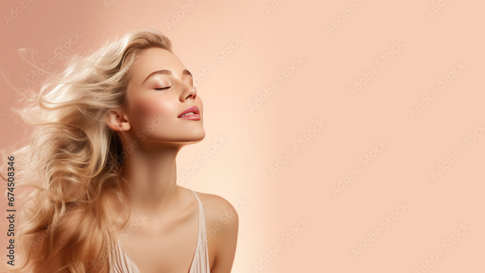 A blonde woman breathes calmly looking up isolated on pastel background A blonde woman breathes calmly looking up isolated on pastel background