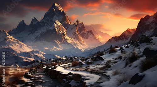 Beautiful panoramic view of snow-capped mountains at sunset