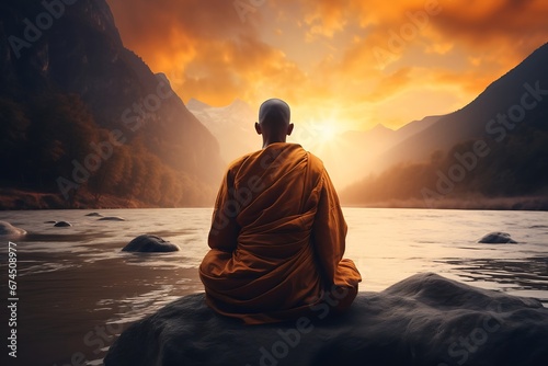 Generative AI : Buddhist monk meditating on top of river with sun light in the background