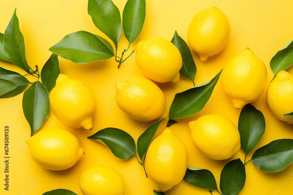 Generative AI : lemons, orange and green leaves on bright yellow background