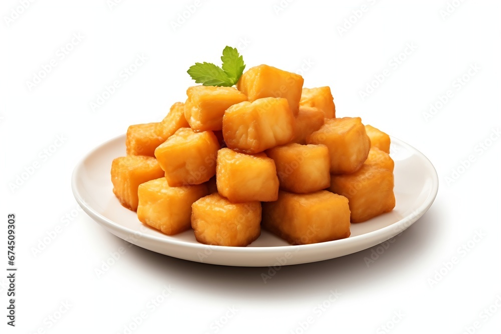 Generative AI : Plate with delicious fried tofu and basil on table_