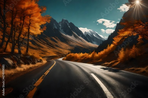 road leading to autumn mountain scenery, fictional landscape