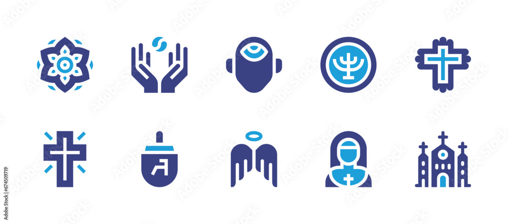Spirituality icon set. Duotone color. Vector illustration. Containing energy, mandala, cross, spinning top, third eye, angel, hanukkah, nun, church.