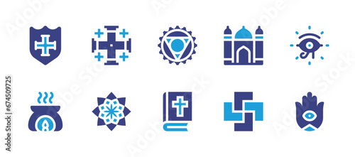 Spirituality icon set. Duotone color. Vector illustration. Containing templar, aromatherapy, vishuddha, bible, cross, mandala, eye of ra, hamsa, mosque, finnish neopaganism.