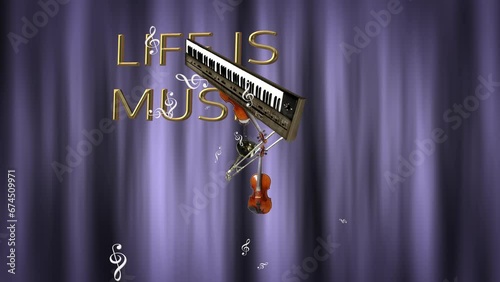 Modellazione 3D con animazione di strumenti musicali e testo LIFE IS MUSIC photo