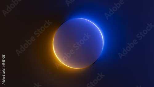 Abstract background. Glowing circle illuminated with orange and blue neon light. Glowing circle. 3d render