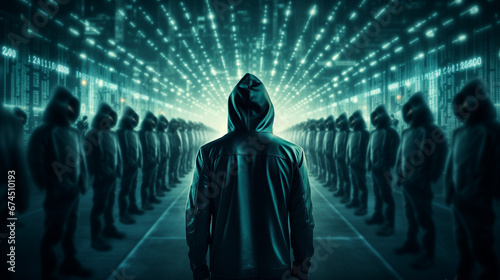 silhouette of a computer hacker, cyber attack, dark hooded villain figure in front of computer code, technology, cybersecurity