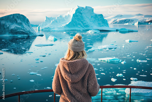 Woman looking at icebergs from the deck of a ship