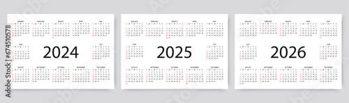 2024, 2025, 2026 calendar. Pocket calender layout. Week starts Sunday. Yearly organizer with 12 month. Scheduler template. Landscape orientation, English. Vector simple illustration