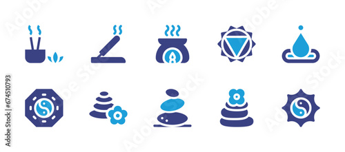Zen icon set. Duotone color. Vector illustration. Containing incense therapy, aromatherapy, ying yang, hot stones, chakra, incense, hot stone, balance, water.