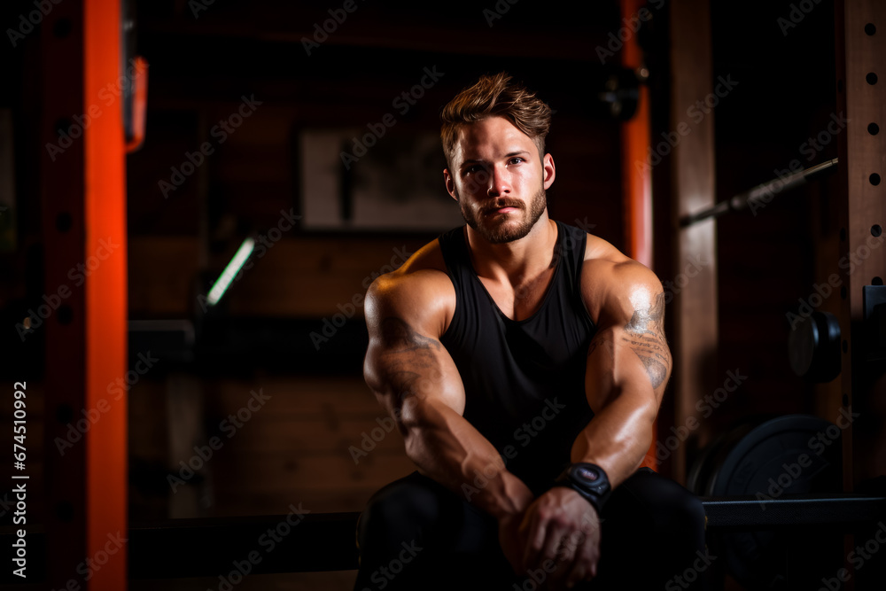 portrait of bodybuilder resting in gym while looking at camera. Healthy lifestyle. personal trainer portrait of bodybuilder resting in gym while looking at camera. Healthy lifestyle. personal trainer