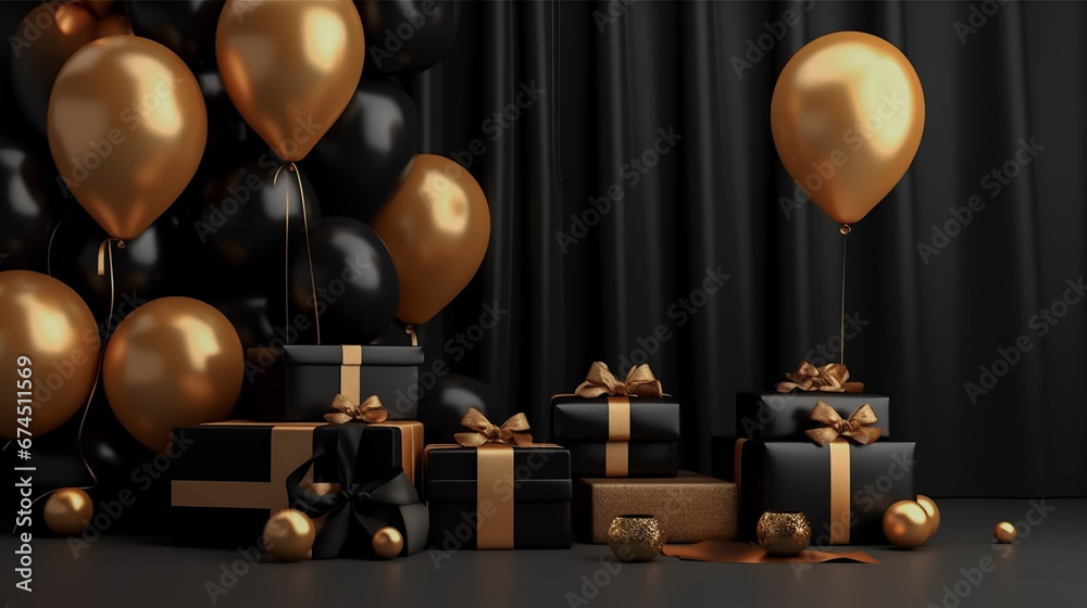 design of gold balloons and an a gift box with a gold ribbon on a black background