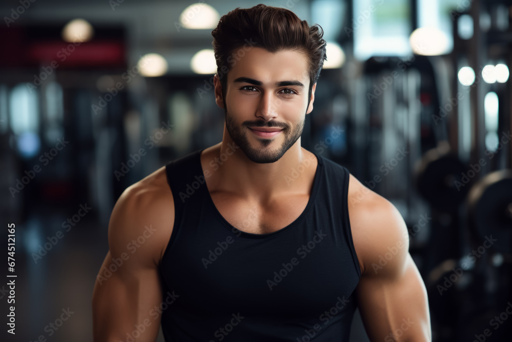 portrait of bodybuilder resting in gym while looking at camera. Healthy lifestyle. personal trainer portrait of bodybuilder resting in gym while looking at camera. Healthy lifestyle. personal trainer