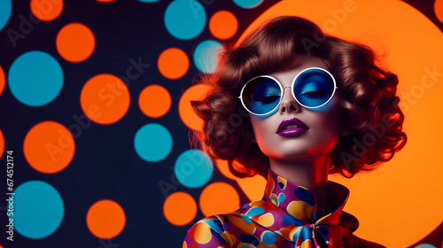 Fashion retro-futuristic girl on background with circle pop art background. Woman in sunglasses in surrealistic 60s-70s disco club culture life style.
