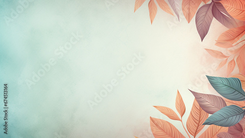 Background pastel colored leaves in the corner with a wide copy space for text.