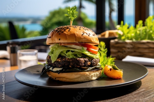sesame bun vegan burger at table in restaurant terrace outside on sunny day