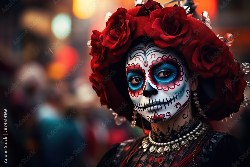 woman with carnival mask makeup closeup portrait on Mexican Day of the Dead celebration party on the street