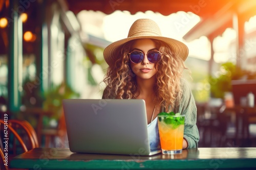 beautiful woman in hat and sunglasses working on laptop at beach bar in summer. Remote work, digital nomad traveling.