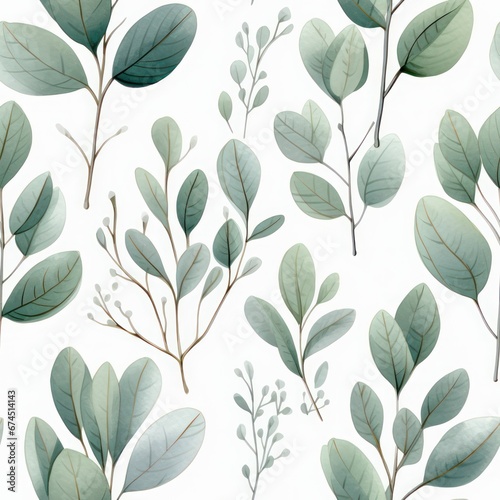 watercolor eucalyptus green leaves vintage botanical illustration seamless pattern