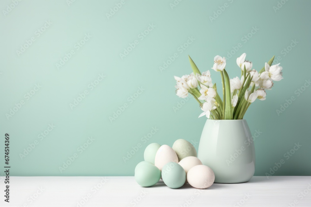 custom made wallpaper toronto digitalEaster eggs and bouquet of snowdrops in a vase decoration on pastel green background copy space left