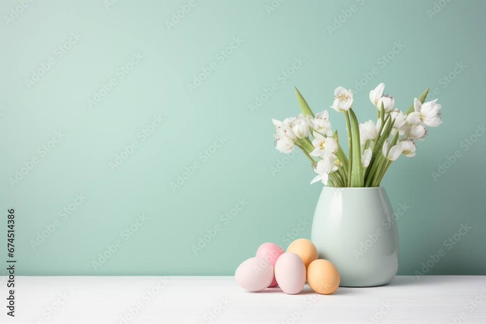 Easter pastel color eggs and bouquet of snowdrops in a vase decoration on pastel green background copy space left