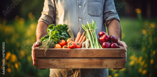 A man holding a wooden crate full of fruits and vegetables.