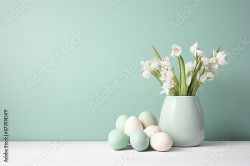 Wallpaper Mural Easter eggs and bouquet of snowdrops in a vase decoration on pastel green background copy space left Torontodigital.ca