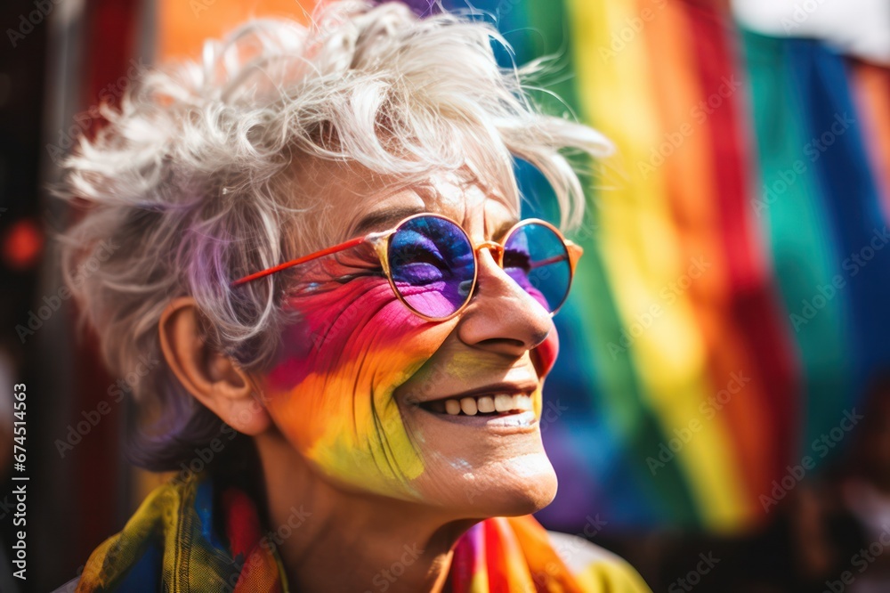 senior woman with rainbow flag at pride LGBTQ parade in sunglasses smiling senior woman with rainbow flag at pride LGBTQ parade in sunglasses smiling