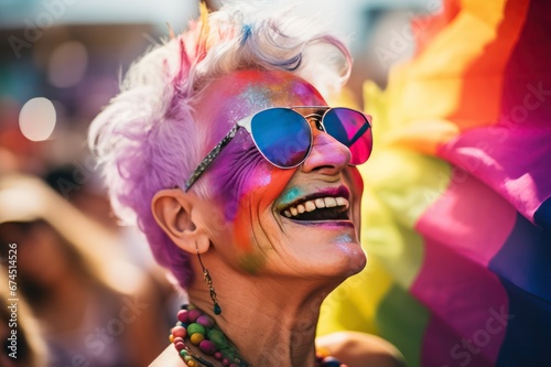 senior woman with rainbow flag at pride LGBTQ parade in sunglasses smiling 