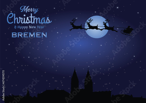 Christmas and New year dark blue greeting card with Santa Claus silhouette and black panorama of the city of Bremen
