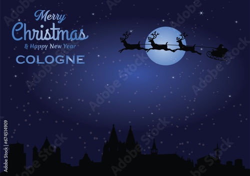 Christmas and New year dark blue greeting card with Santa Claus silhouette and black panorama of the city of Cologne