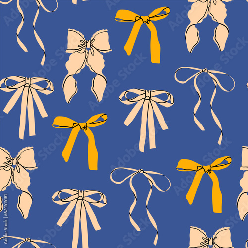 Various colorful Bow knots, tie ups, gift bows. Hand drawn trendy Vector illustration. Wedding celebration, holiday, party decoration, gift, present concept. Square seamless Pattern, background