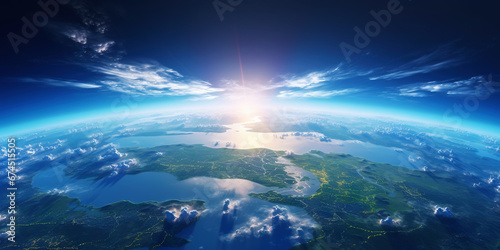 Panoramic view on planet Earth globe from space with rising sun. Glowing city lights, light clouds. Generative AI © AngrySun