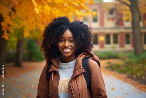 Portrait of a smiling young black female student on colledge campus in the fall, ready to start school year photo