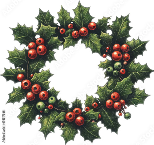 クリスマスに飾るヒイラギの円形リース
