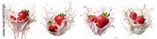 Milk yogurt splash with strawberries Hyperrealistic Highly Detailed Isolated On Transparent Background Png File
