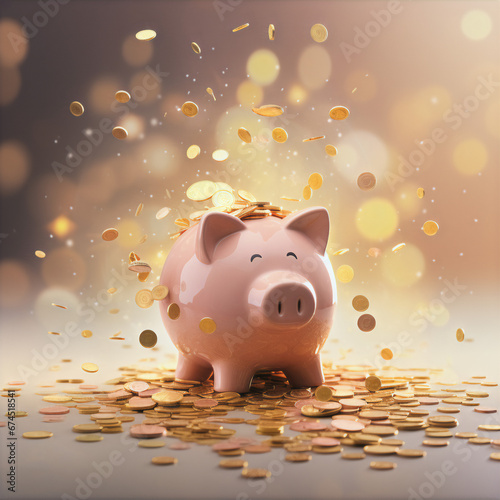 Piggy bank saves a lot of money gold shower coins advertisement wallpaper background