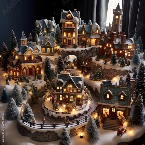 Christmas village with houses, trees and lights. 3d illustration.
