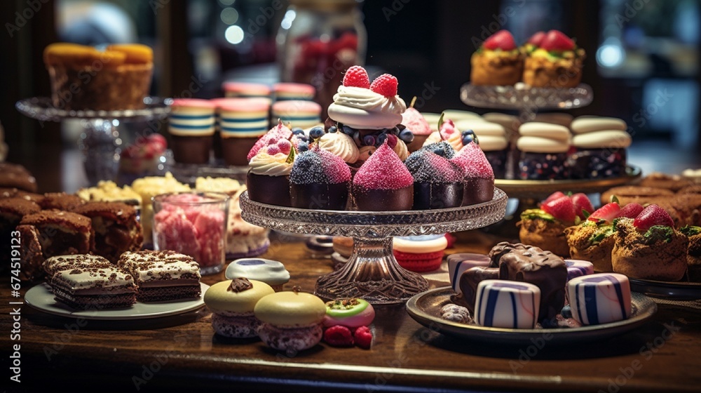 dessert spread with an assortment of cakes, pastries, and chocolates, beautifully arranged on a dessert table