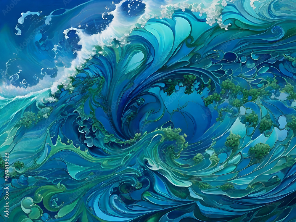 Digital paintings or collages that incorporate intricate fractal patterns in curls and crashing ocean waves. Play with bright blues and greens to capture the essence of the sea Digital paintings or collages that incorporate intricate fractal patterns in curls and crashing ocean waves. Play with bright blues and greens to capture the essence of the sea