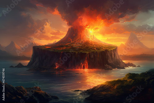 Fabulous fantastic tropical landscape with abstract mountains and erupting volcano with burning lava on island in ocean