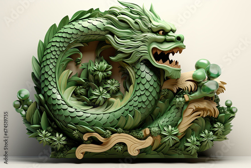 Small carved green wooden dragon figurine is symbol of year 2024 on grey background