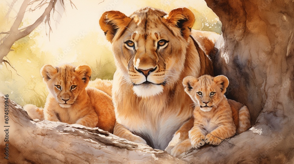 lion and her cubs nestled in the shade of a massive acacia tree lion and her cubs nestled in the shade of a massive acacia tree