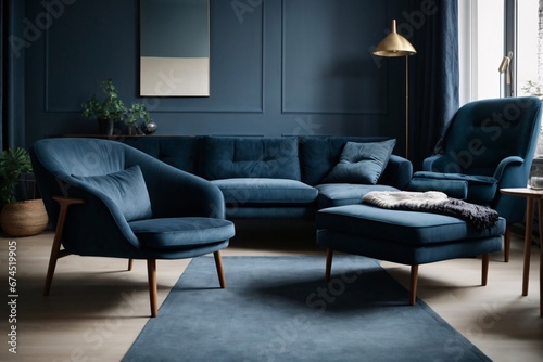 Dark blue sofa and recliner chair in scandinavian apartment. Interior design of modern living room. Generative Ai.