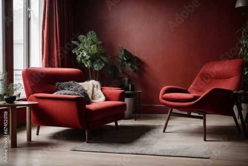 Dark red sofa and recliner chair in scandinavian apartment. Interior design of modern living room. Generative Ai.