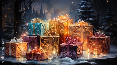 Christmas Card with shiny gift Boxes. AI generating