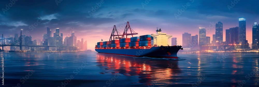 Obraz premium container ship entering a major port at dusk, with the city skyline in the background, symbolizing the urban integration of trade hubs.