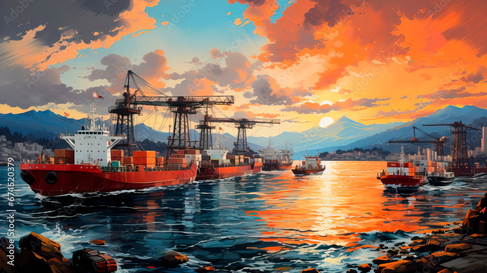 shipping port with cargo containers being loaded onto massive cargo